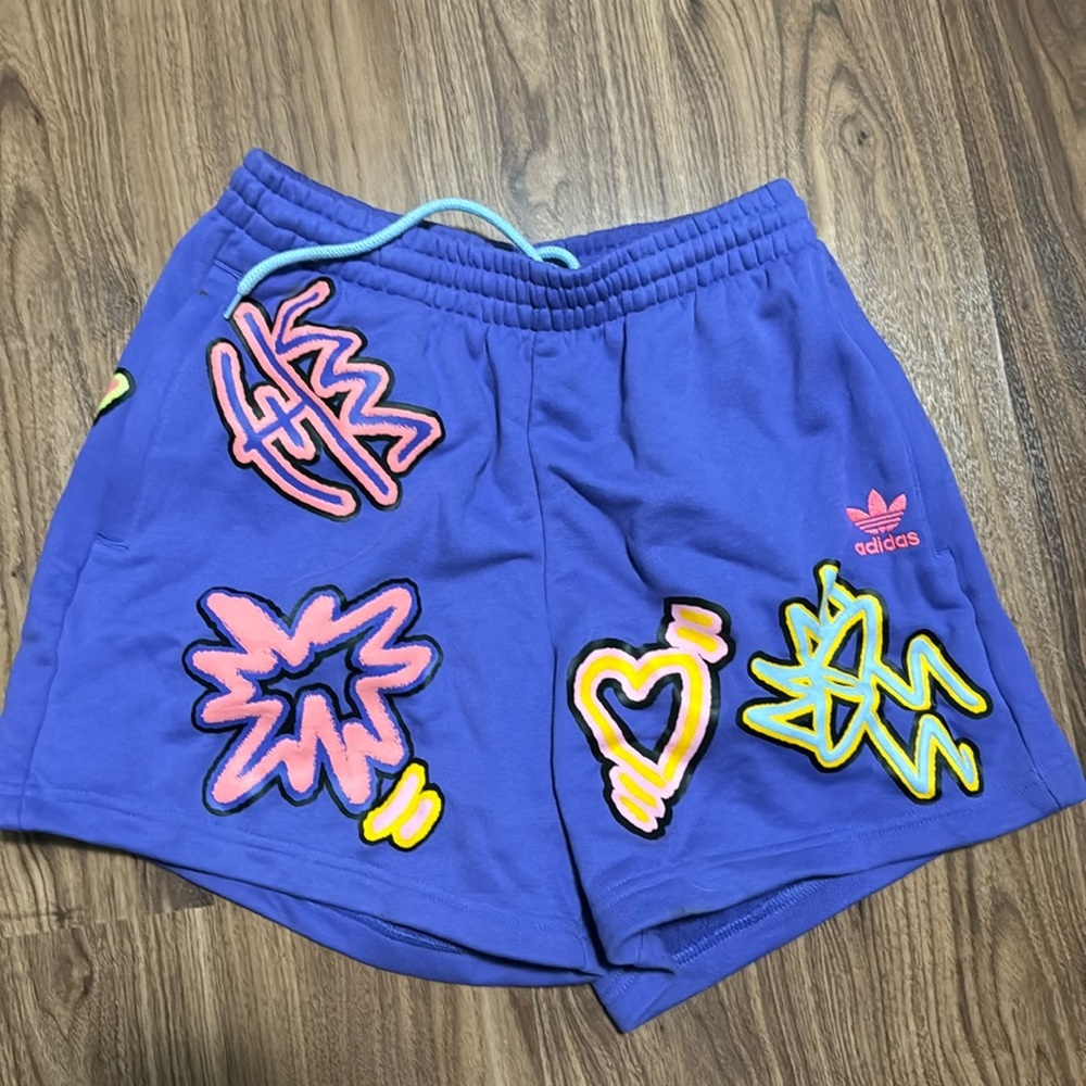 Adidas purple baggy graffiti printed shorts
